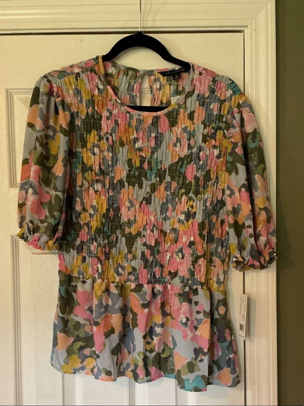Zac & Rachel NWT Sz L Floral Smocked Peplum Blouse Begonia Colony Blue